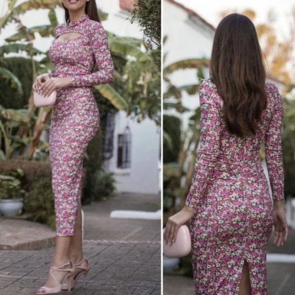 Zara Floral Midi Dress Cutout Floral Spring Long Sleeves Pink Small - Picture 5 of 6